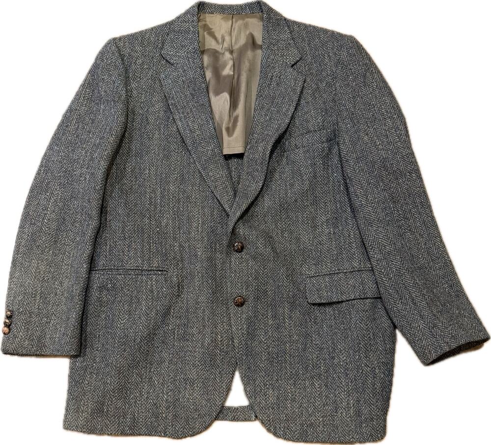 Vtg Harris Tweed Wool Blazer Mens 44 Gray Herringbone Sport Coat Jacket Flaw